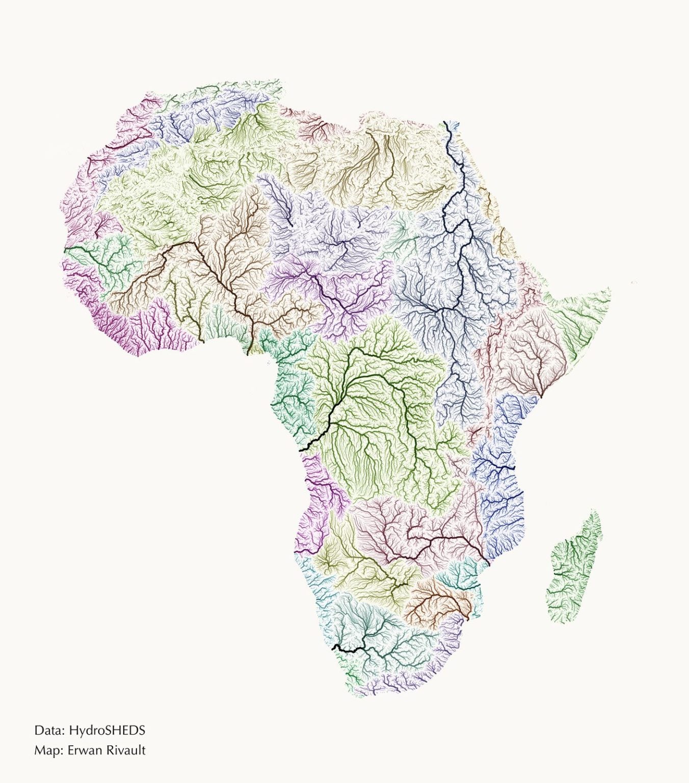 Topographic map of Africa with colorful river basins drawn on a white background